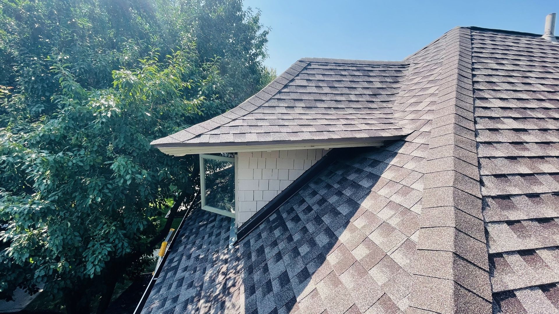 Asphalt shingle roof with dormer window, green trees, and blue sky.