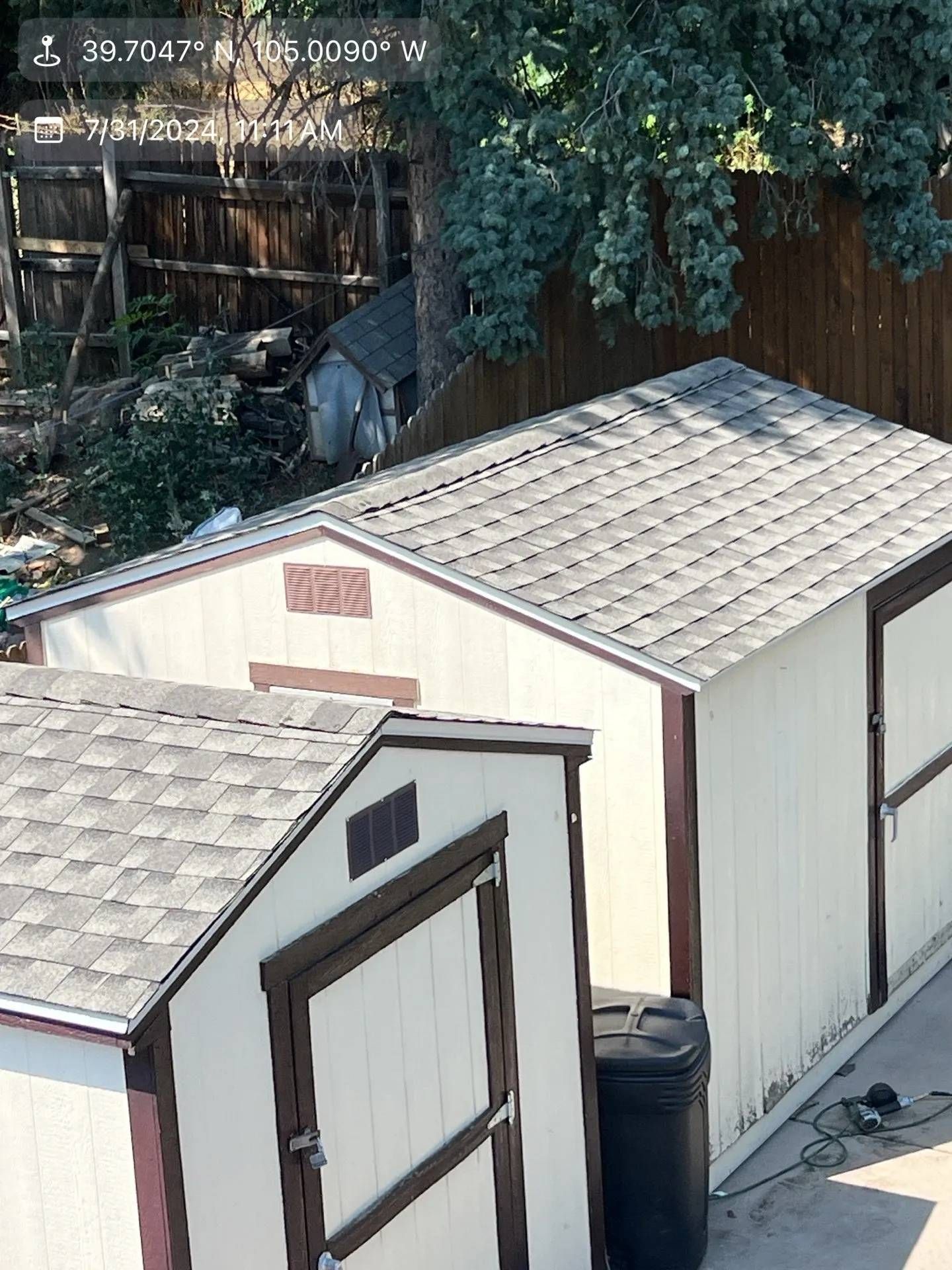 Two white sheds with brown trim and gray shingle roofs in a backyard.