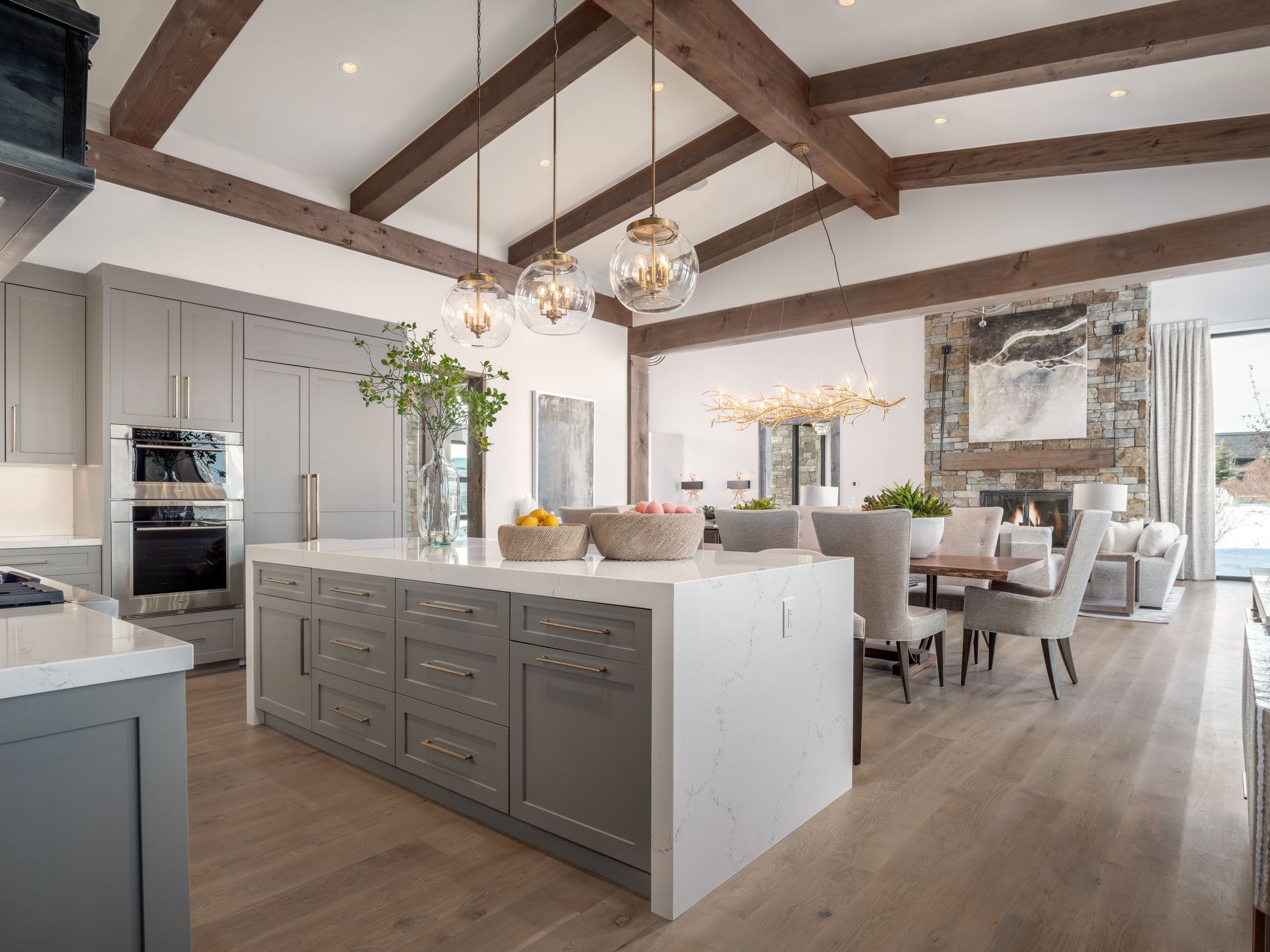 There is a large island in the middle of the kitchen.