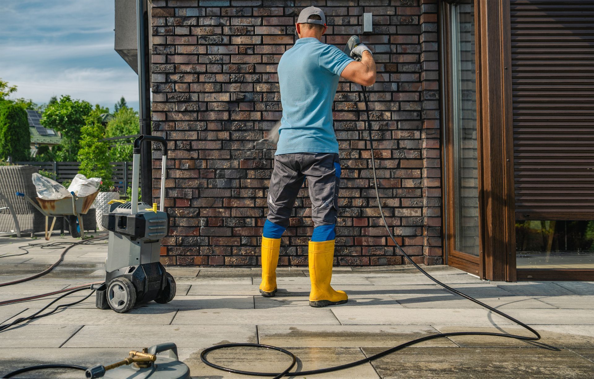 Worker using a wall tool on a brick exterior beside a small machine, with cords on the ground.