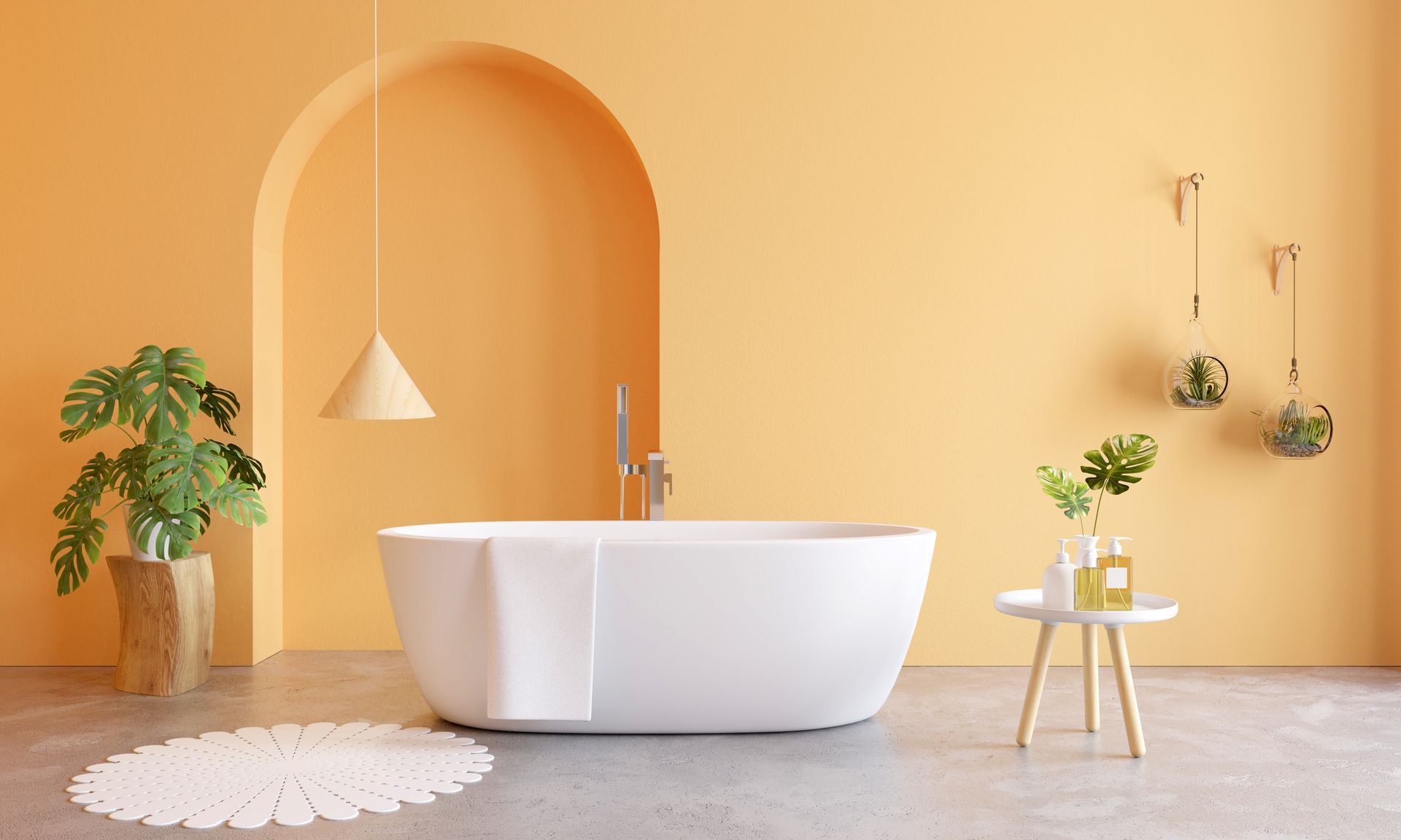 Modern bathroom with a white freestanding tub, peach walls, arched niche, and potted plants