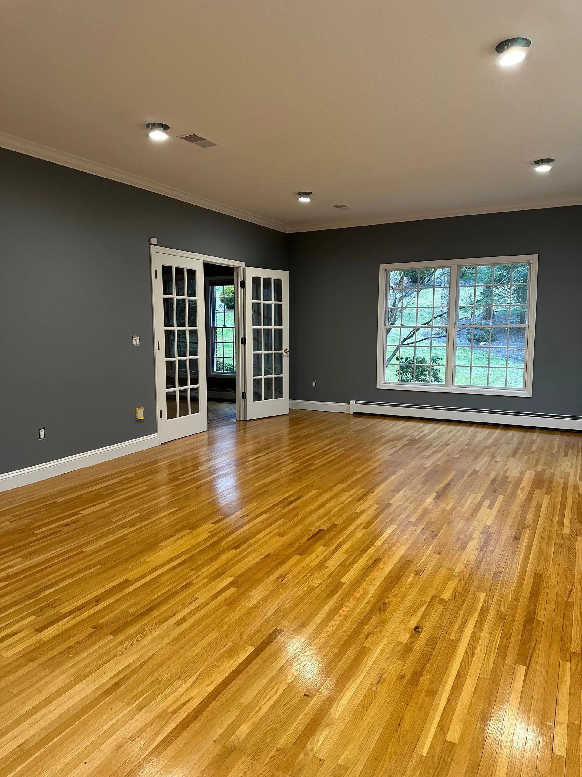 Empty room with glossy hardwood floors, dark walls, French doors, and a large window.