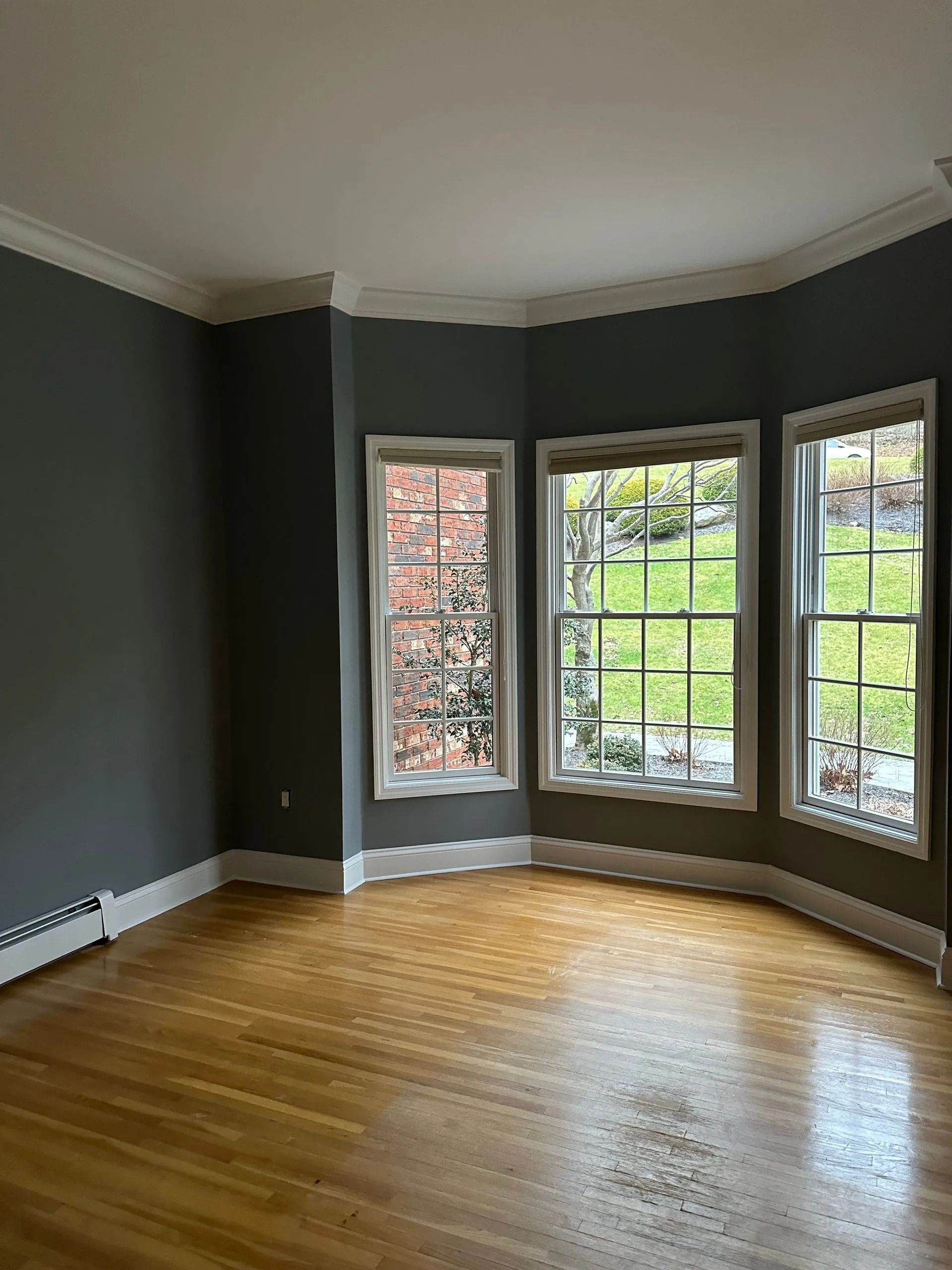 Empty room with dark green walls, hardwood floor, and large bay windows letting in daylight.