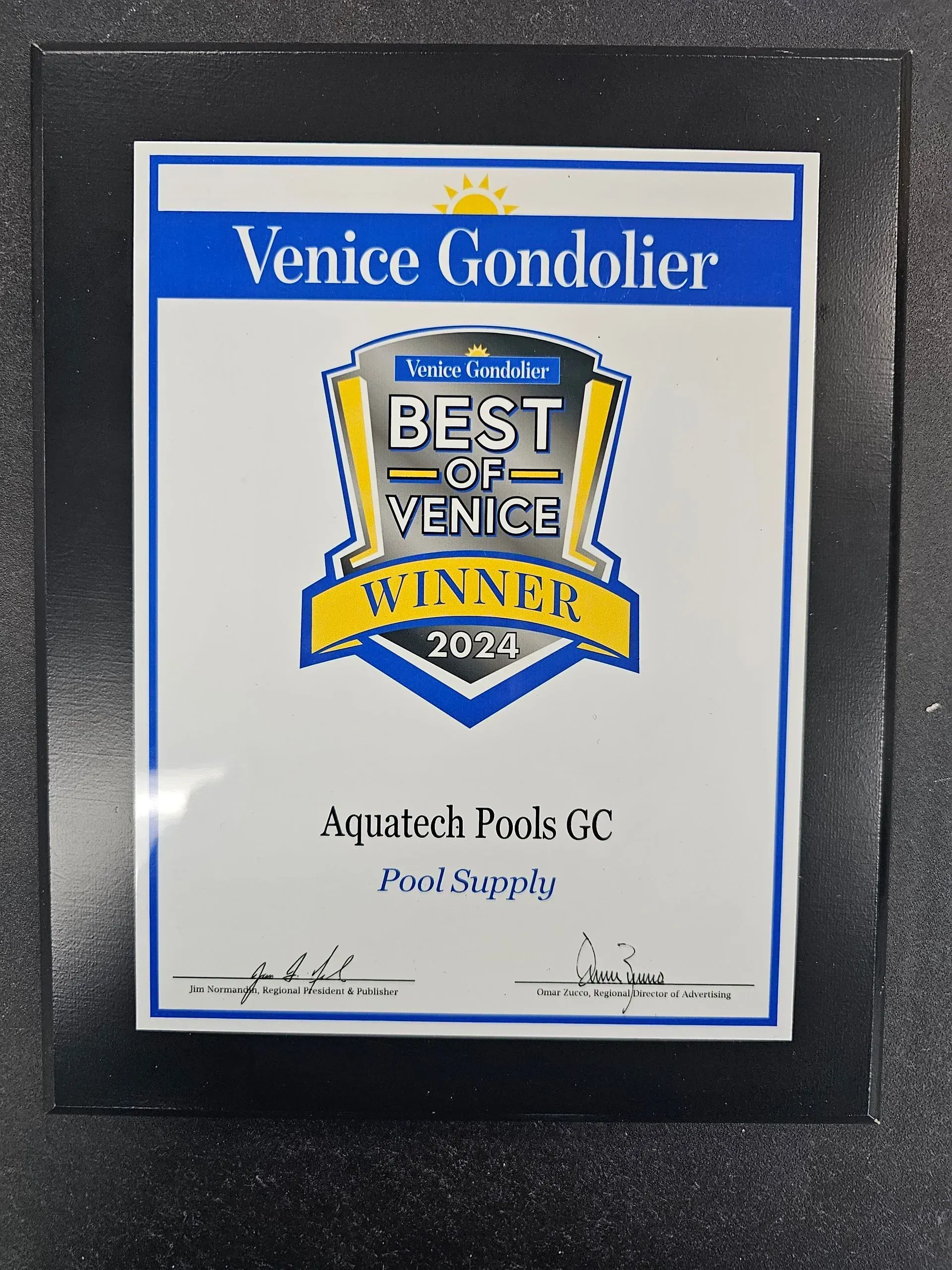 Award plaque from Venice Gondolier: