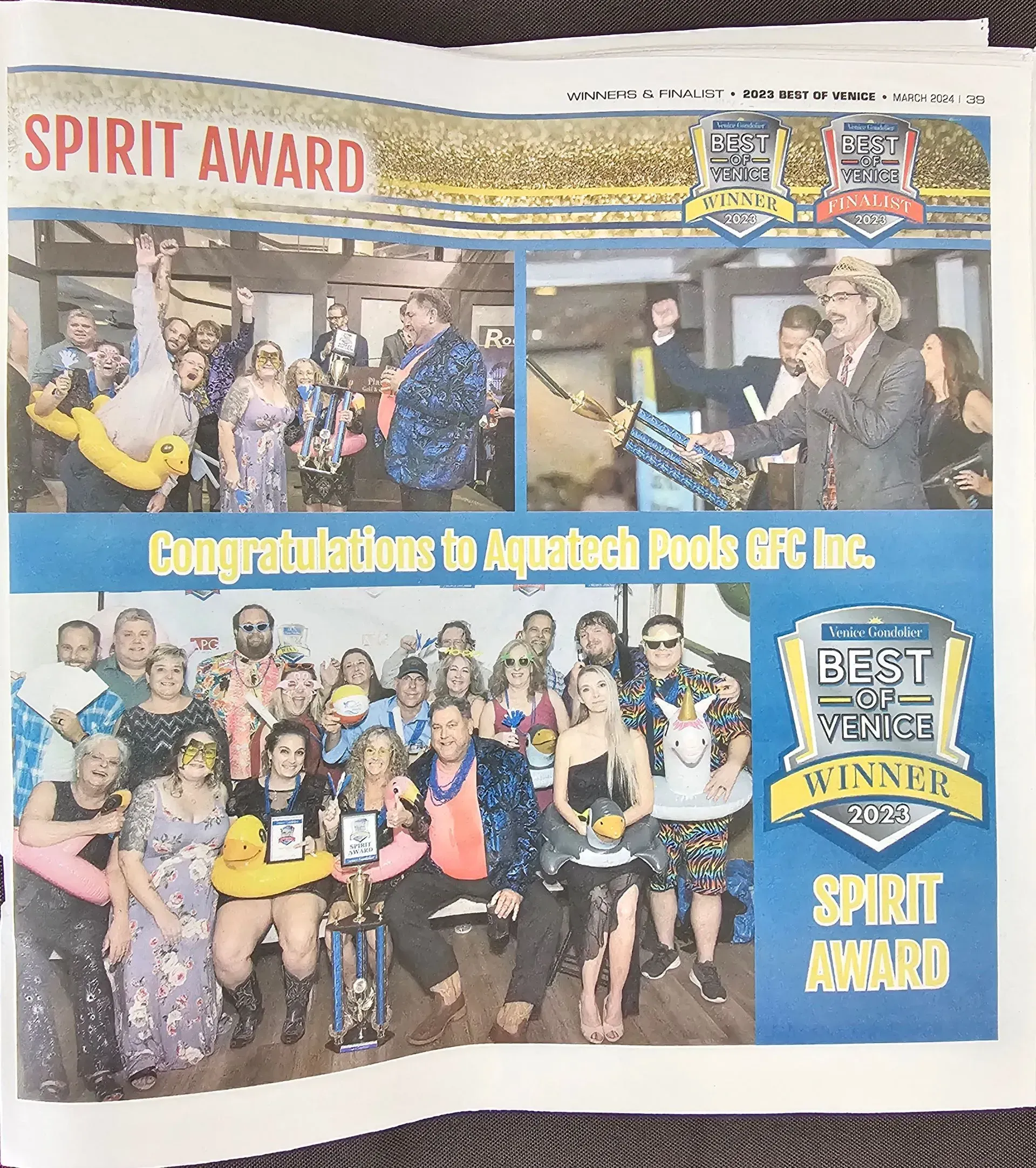 Award presentation: Aquatech Pools team, winners, holding trophies, celebratory atmosphere.