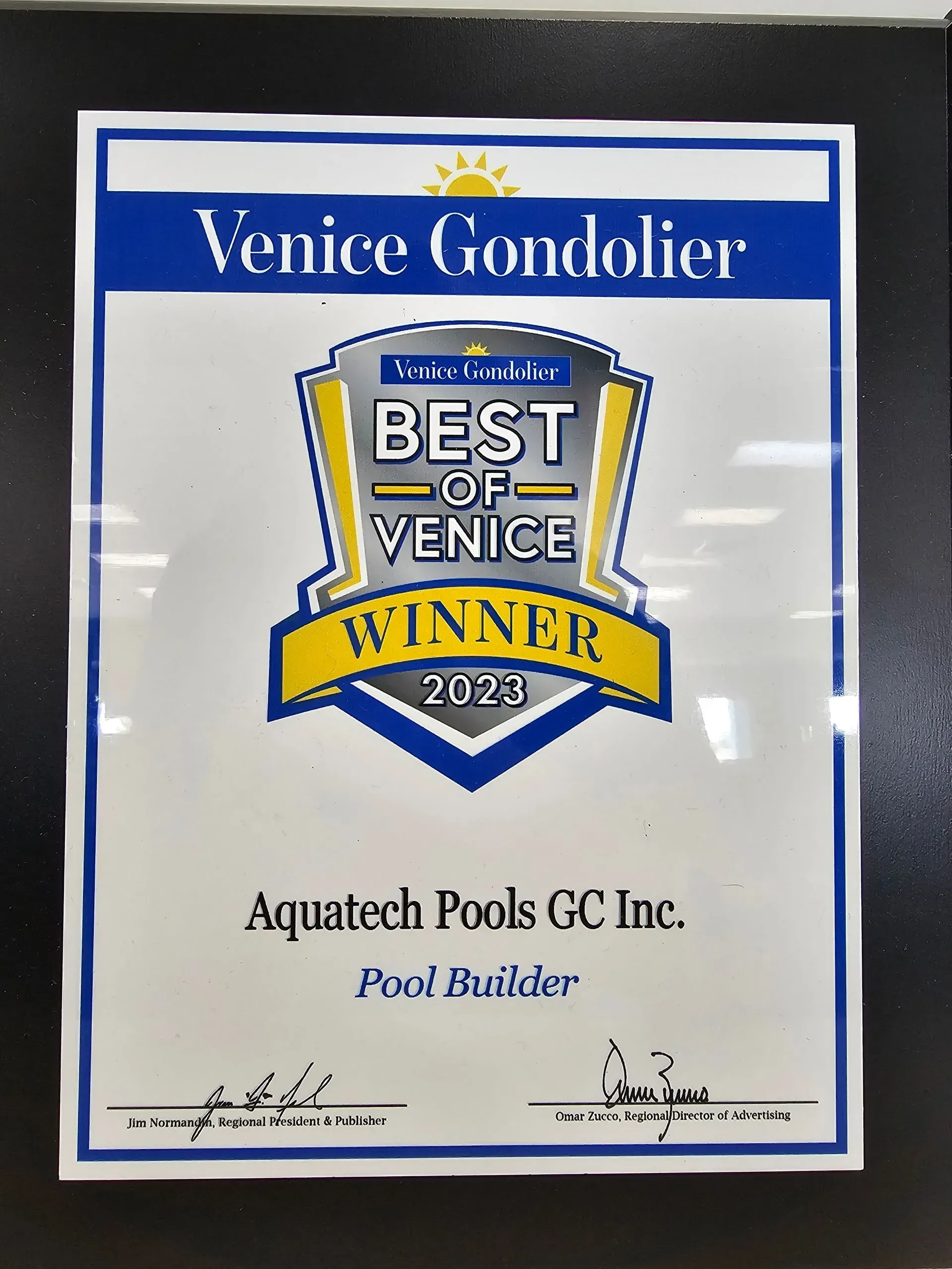 Award plaque for Aquatech Pools GC Inc.,