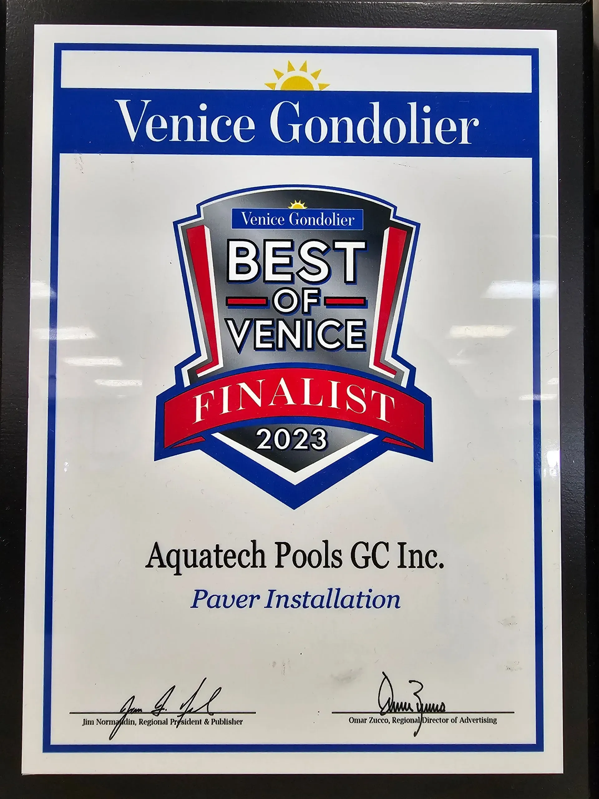 Award certificate for Aquatech Pools GC Inc., Finalist in Venice Gondolier's Best of Venice 2023, Paver Installation.