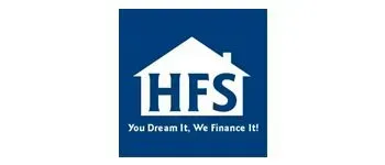 Blue logo with white house shape, HFS letters, and tagline 