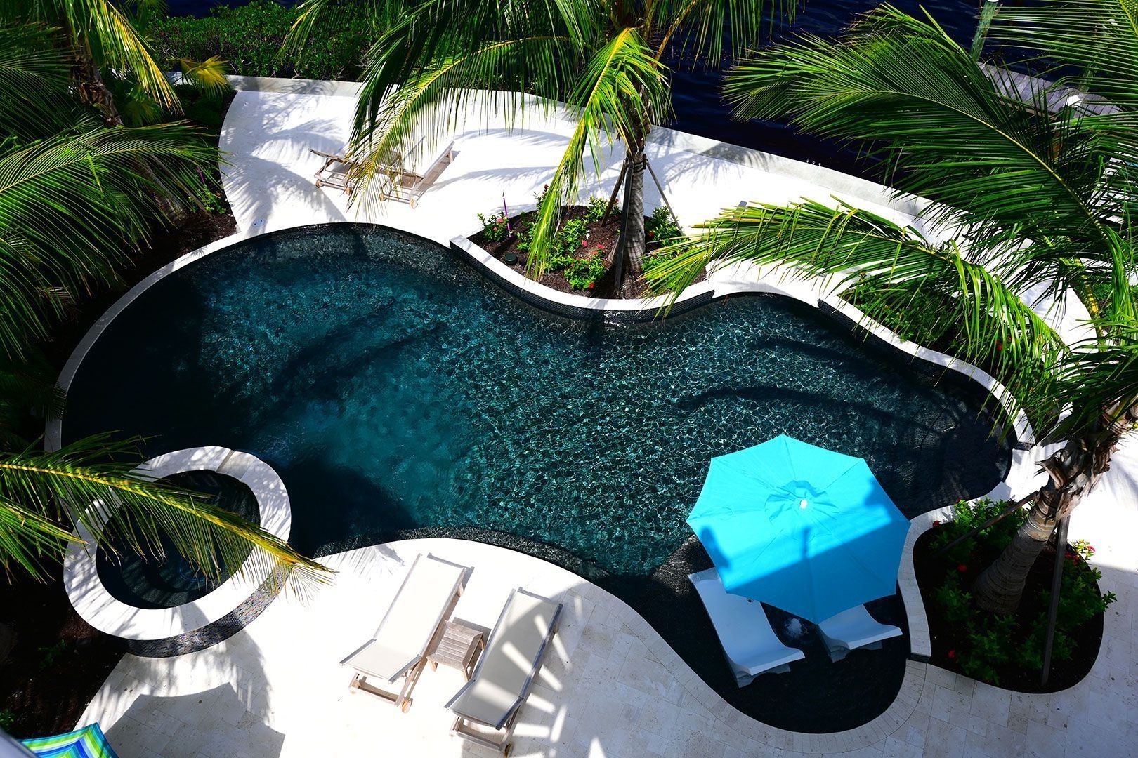 Overhead view of a dark-bottomed pool with a blue umbrella, lounge chairs, and palm trees.