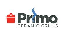 Logo for Primo Ceramic Grills; red grill icon, black text 