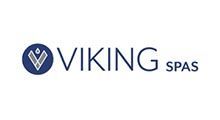 Logo for Viking Spas: navy blue circle with a stylized water droplet design, next to the brand name in blue text.