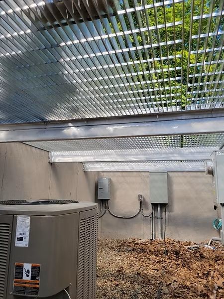 Outdoor utility area with HVAC unit, electrical boxes, and a clear corrugated roof over fallen leaves.