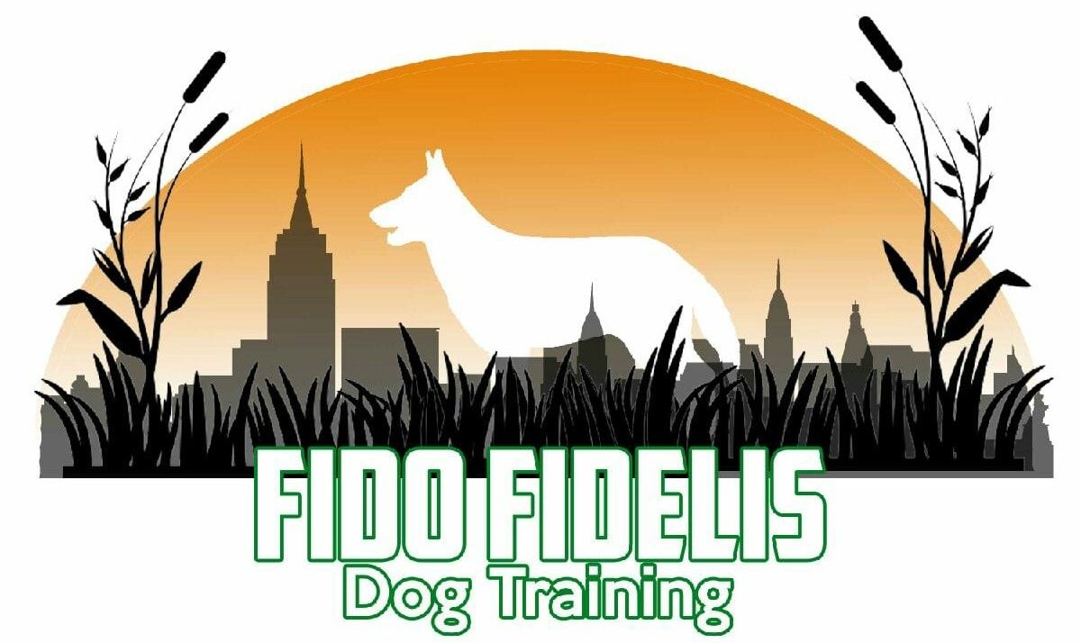 A logo for fido fidelis dog training with a dog in the grass