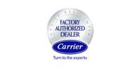 Carrier Factory Authorized Dealer badge. White and blue logo on a white background. Text includes 
