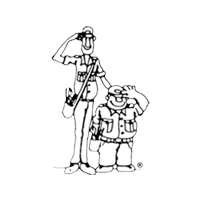 Two cartoon figures salute: a tall man with a bag, and a shorter, stockier man.