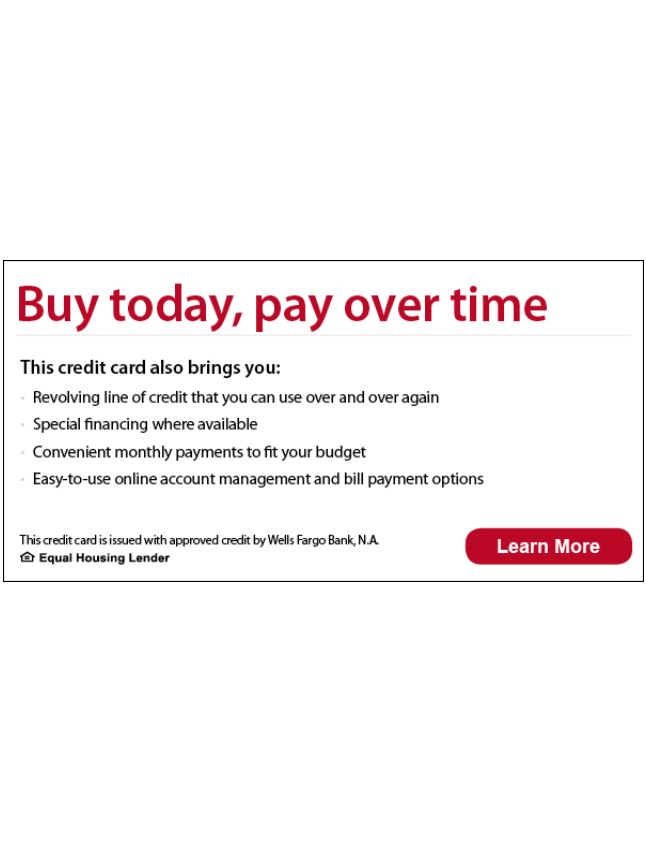 Red and white credit card ad: “Buy today, pay over time” with a Learn More button