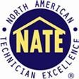 NATE logo: Blue circle with yellow text 