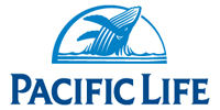 Pacific Life logo: Blue whale leaping out of water under an arch.