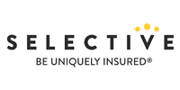 Selective Insurance logo with text and yellow circles.