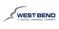 West Bend Mutual Insurance Company logo: blue text and abstract gray emblem on a white background.