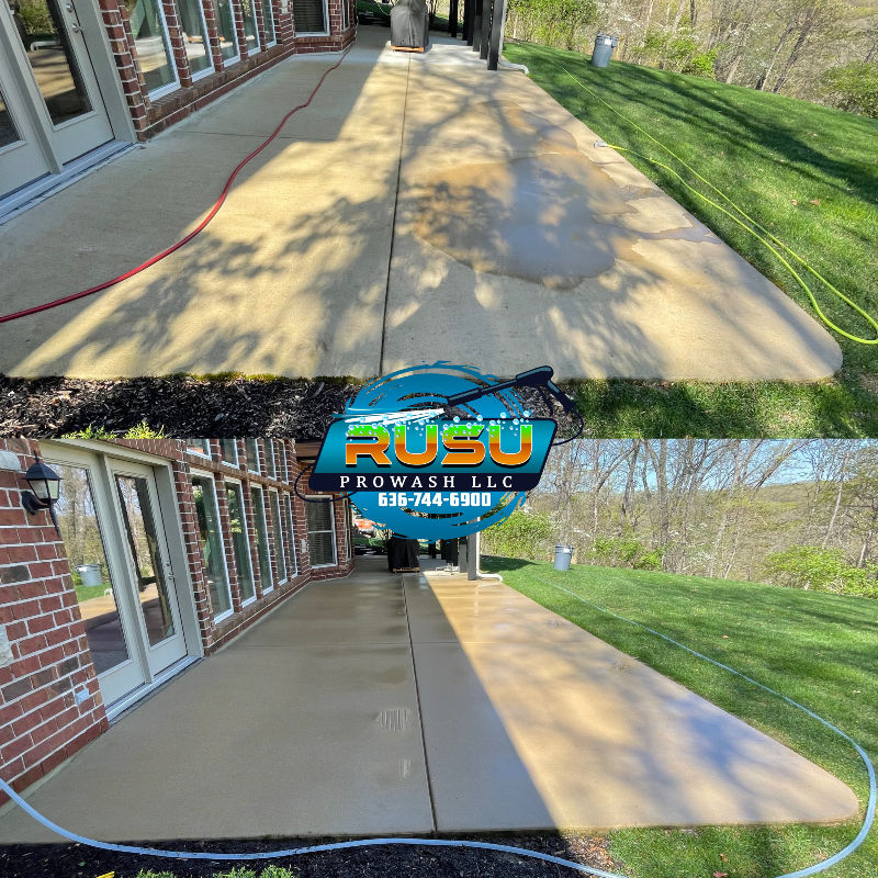 A before and after photo of a concrete walkway being cleaned by prowash llc