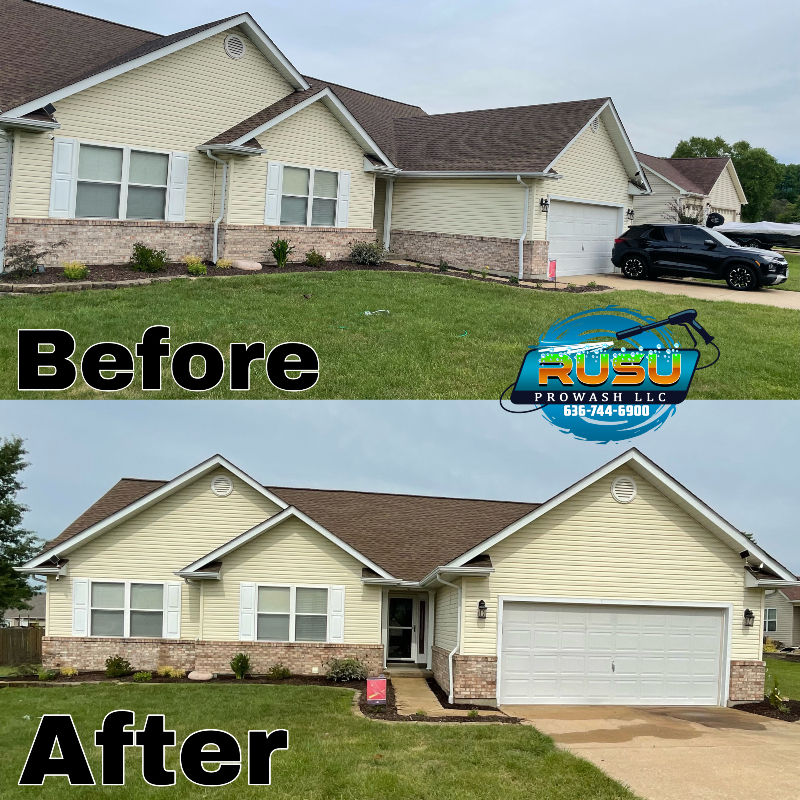 A before and after picture of a house with a brown roof.