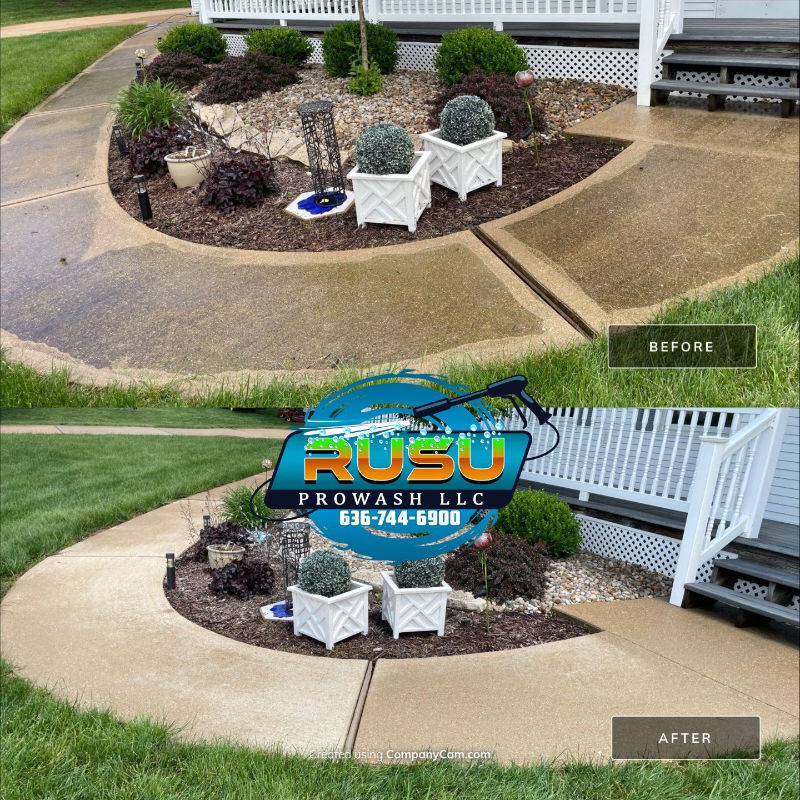 A before and after photo of a concrete walkway.