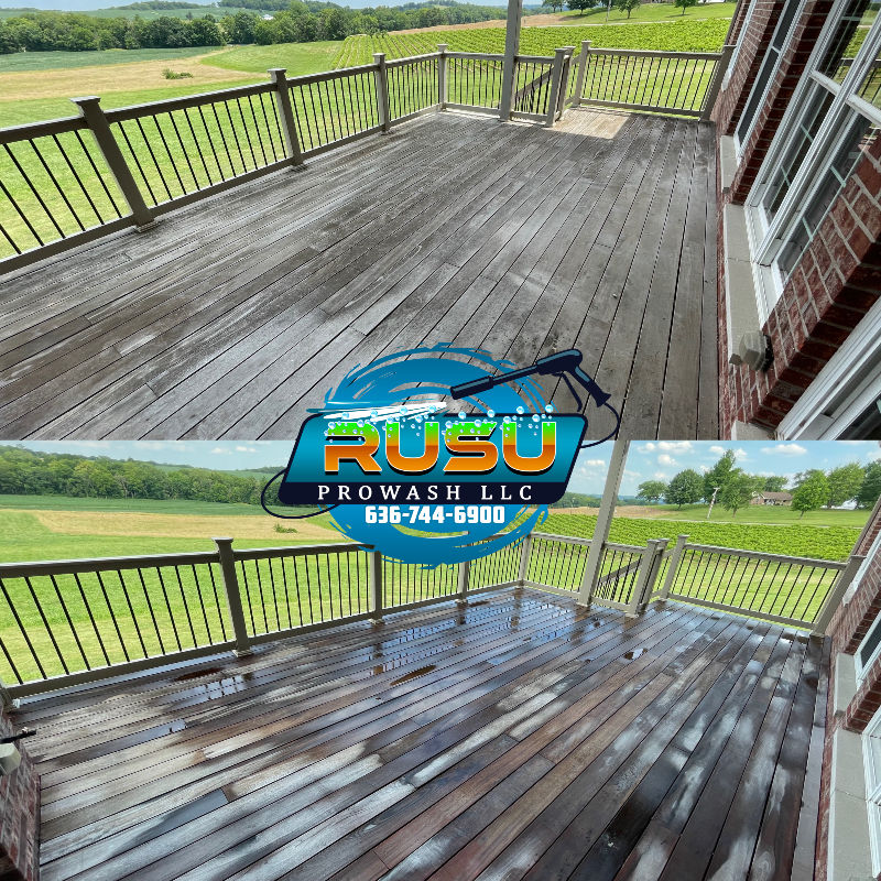 A before and after picture of a wooden deck being cleaned with a pressure washer.