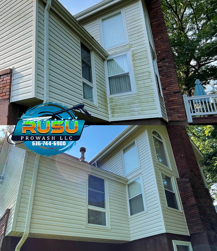 A picture of a house before and after being cleaned by prowash llc.