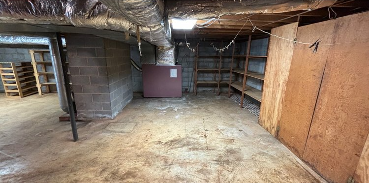 An empty basement with a furnace and shelves.