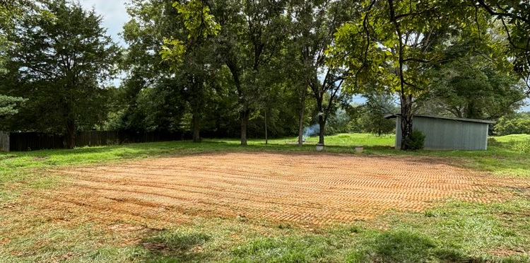 A dirt field with trees and a shed in the background.