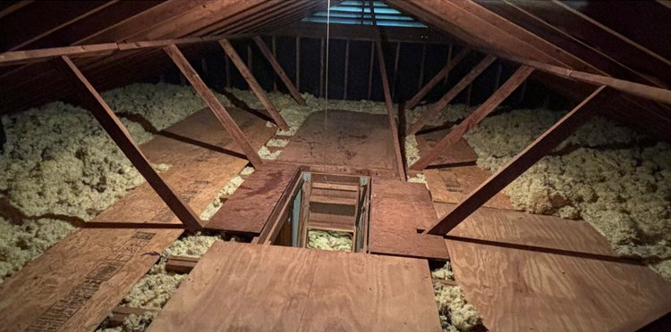 There is a ladder in the attic of a house.