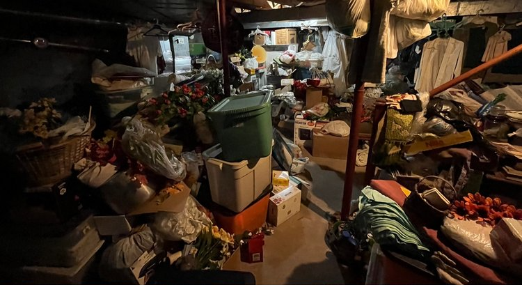 A basement filled with lots of junk and boxes.