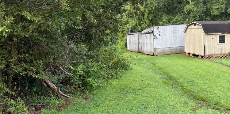 A shed is sitting in the middle of a lush green field.