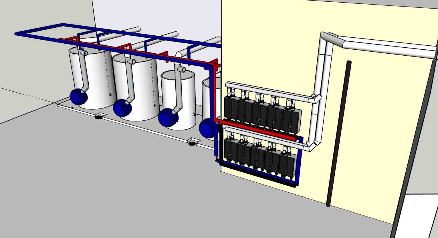 A drawing of a room with a row of white tanks