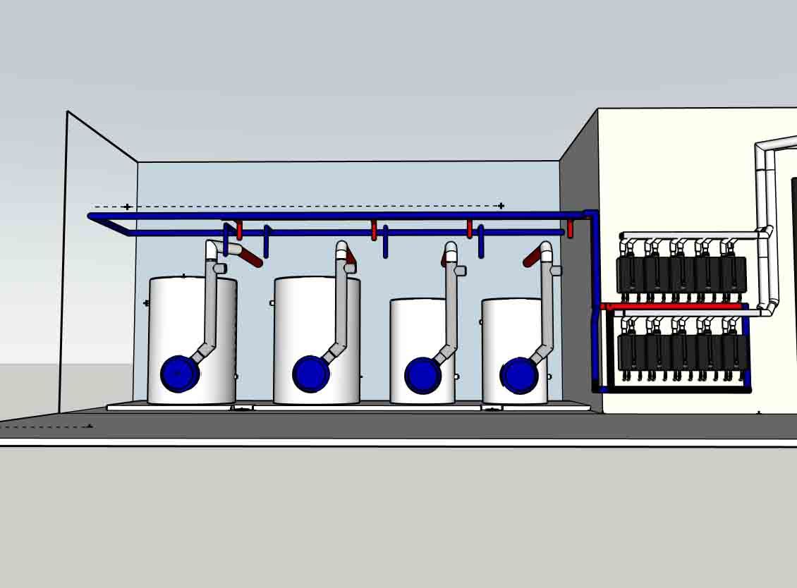A drawing of a building with a row of tanks and pipes