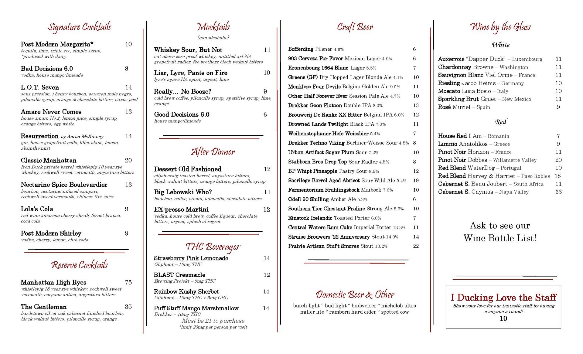 Iron Duck Restaurant - drinks menu