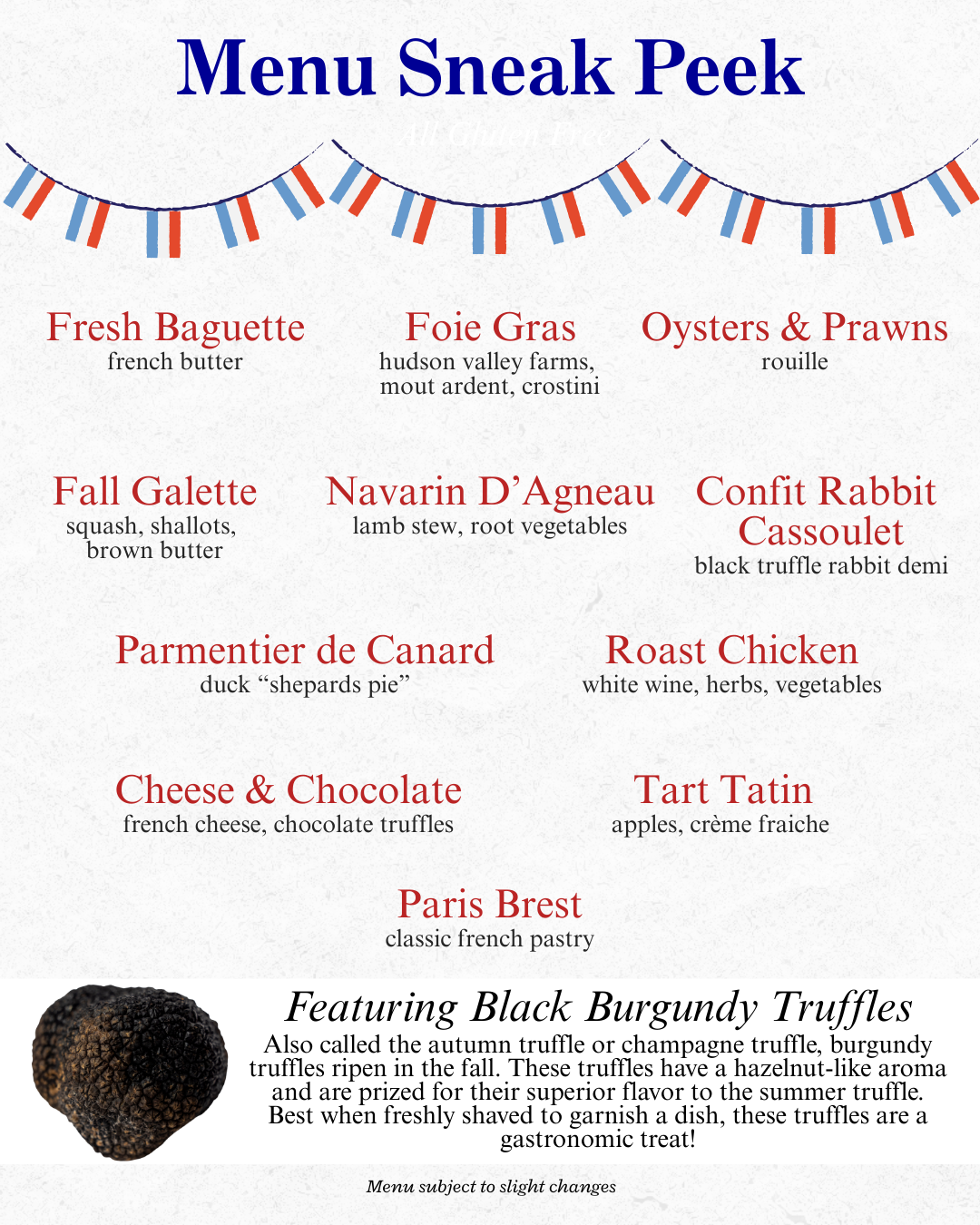 Menu with French flag decorations and dishes, baguette, foie gras, oysters, galette, rabbit, and more.