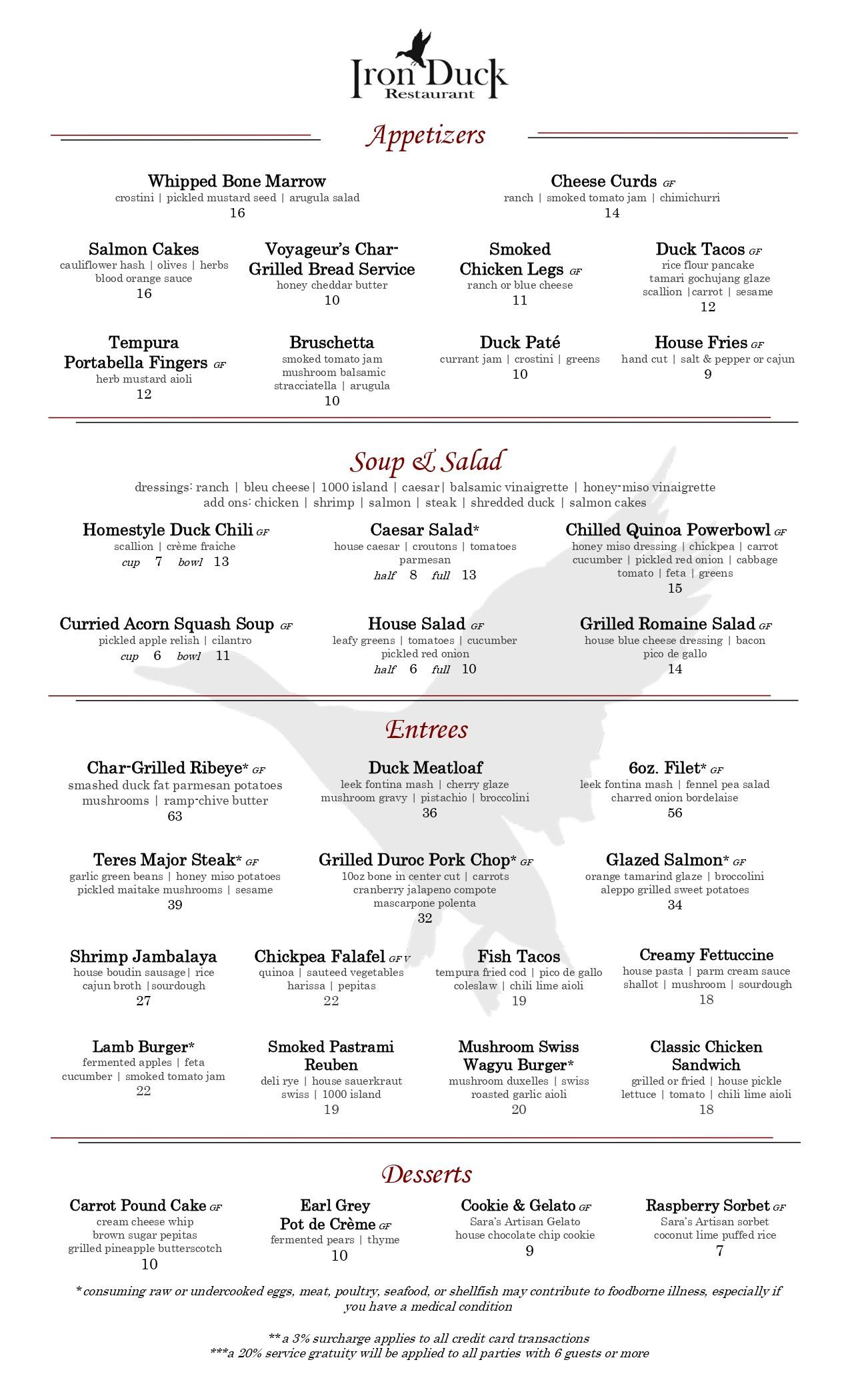 Iron Duck Restaurant - food menu