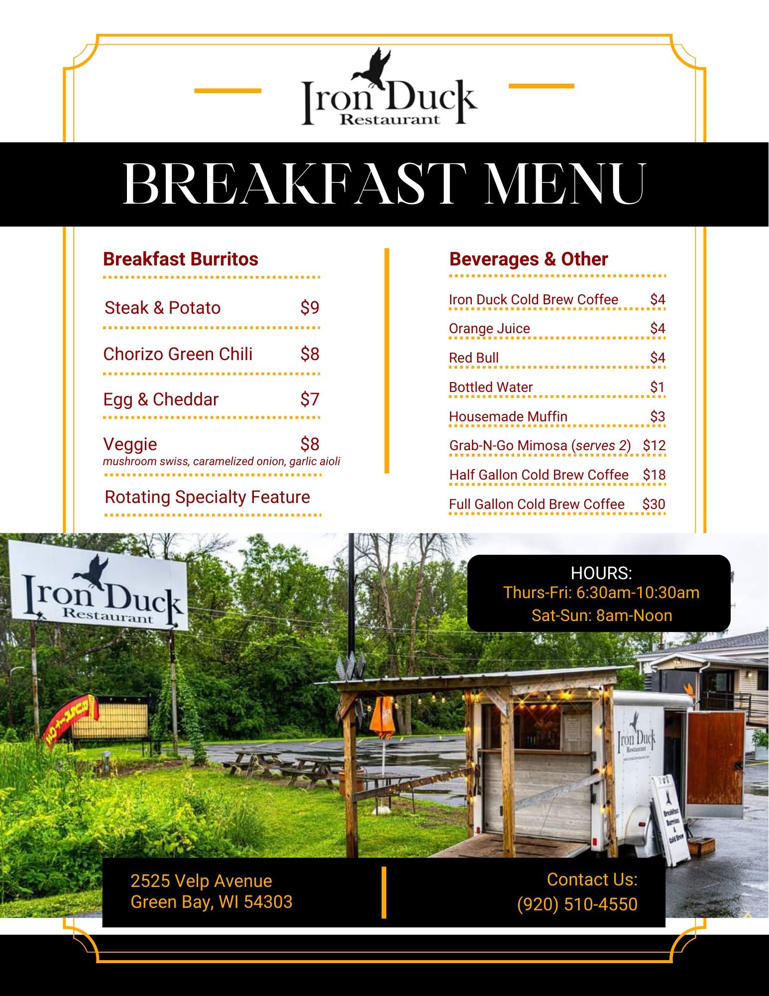 Iron Duck Restaurant - breakfast menu 