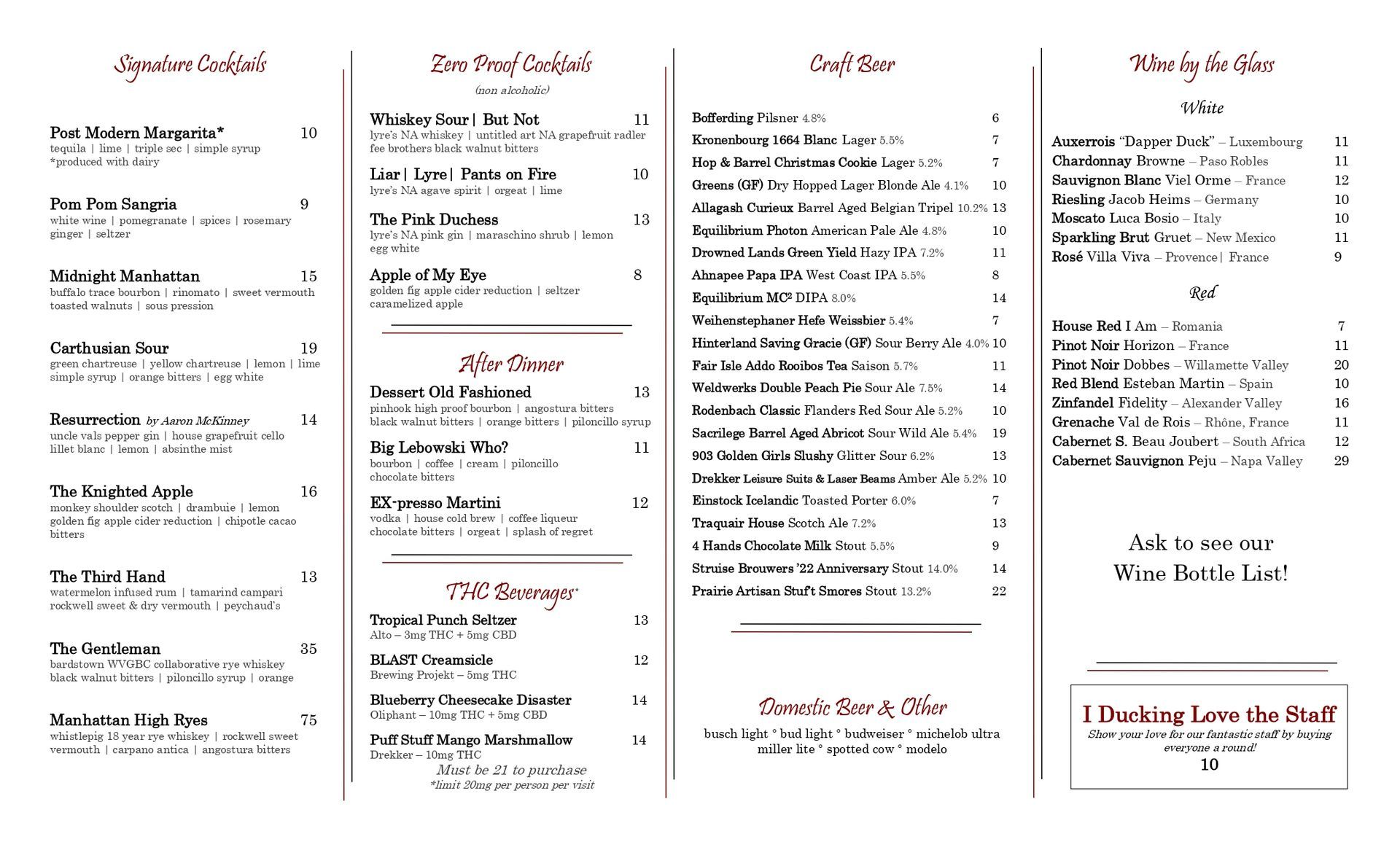 Iron Duck Restaurant - drinks menu