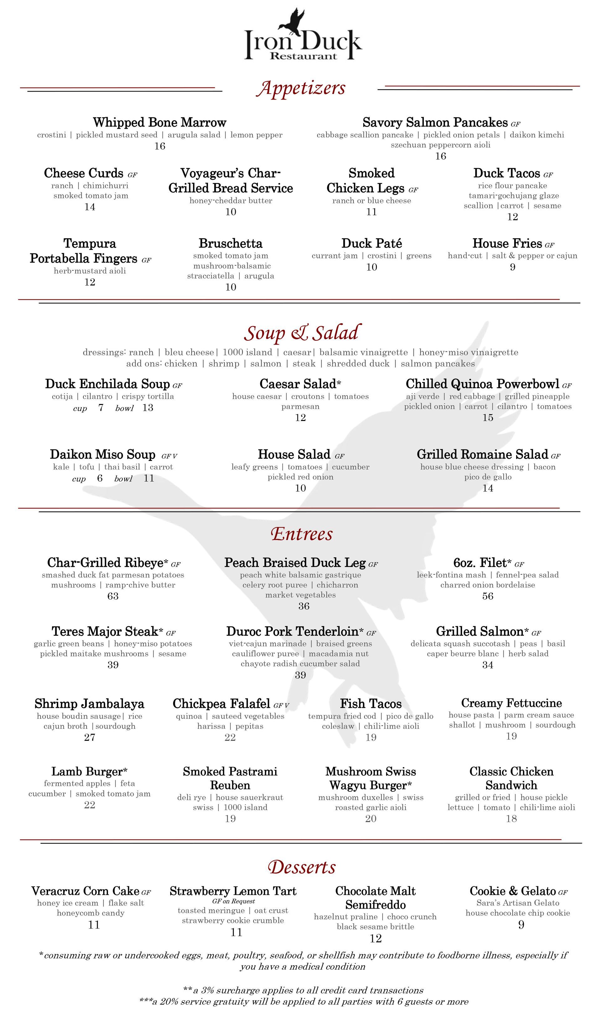 Iron Duck Restaurant - food menu
