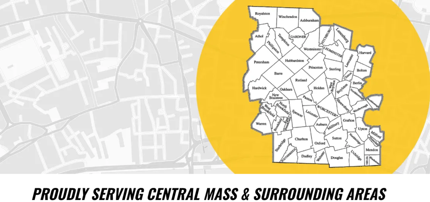 A map of a city with the words proudly serving central mass and surrounding areas