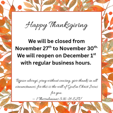 Thanksgiving announcement: Closed Nov 27-30, reopening Dec 1. Orange leaves frame text.