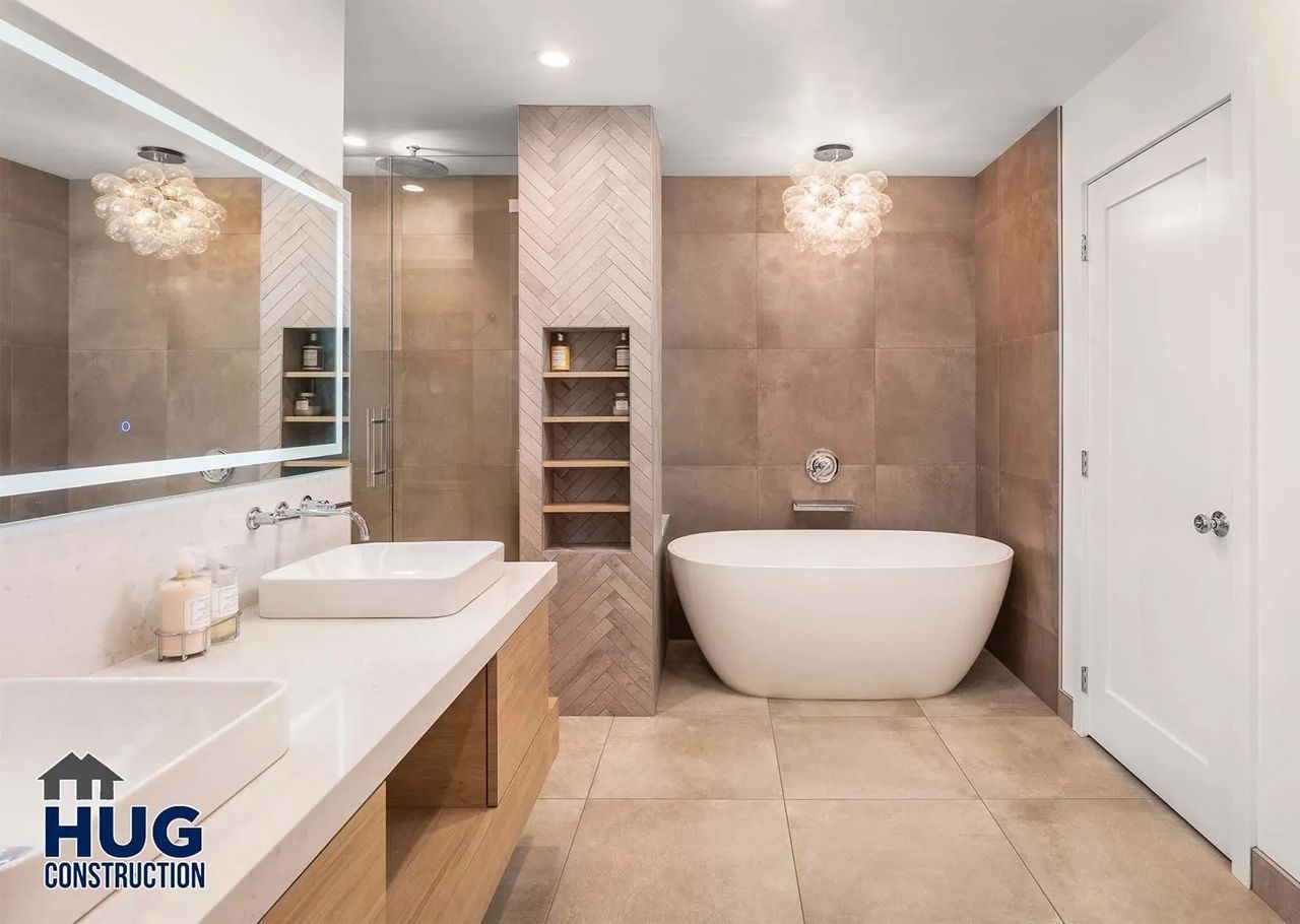 A bathroom with two sinks and a bathtub.