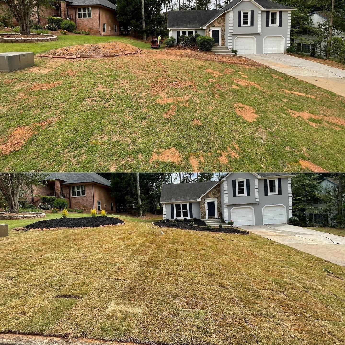 Before-and-after view of a house's lawn: patchy grass transformed with landscaping, including fresh mulch.