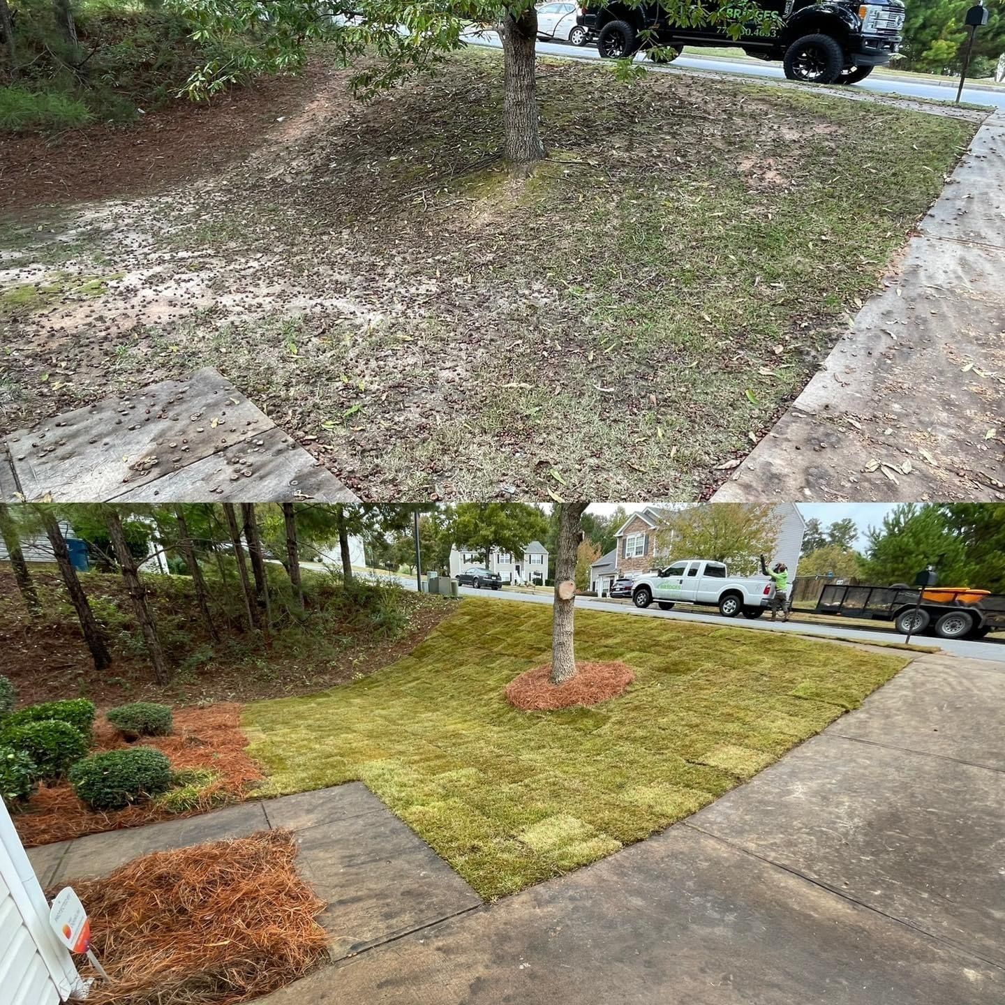 Before and after photos of a yard; top photo shows leaves, bottom photo shows clean yard with a truck and trailer.