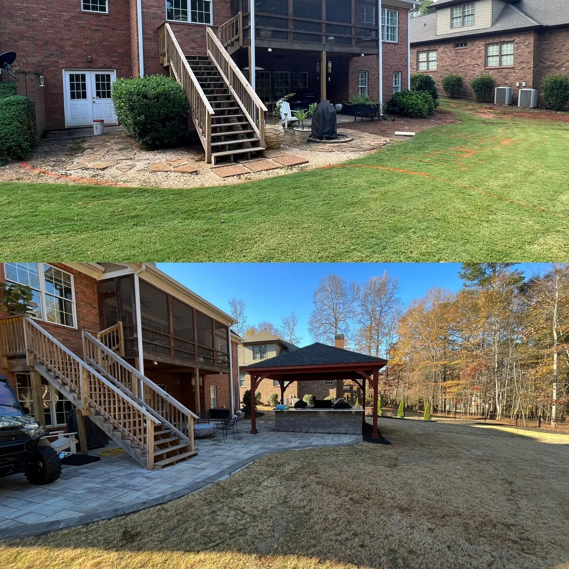 Before and after of a home's backyard. Top: grass, stairs, and bare dirt. Bottom: patio, gazebo, and lawn.