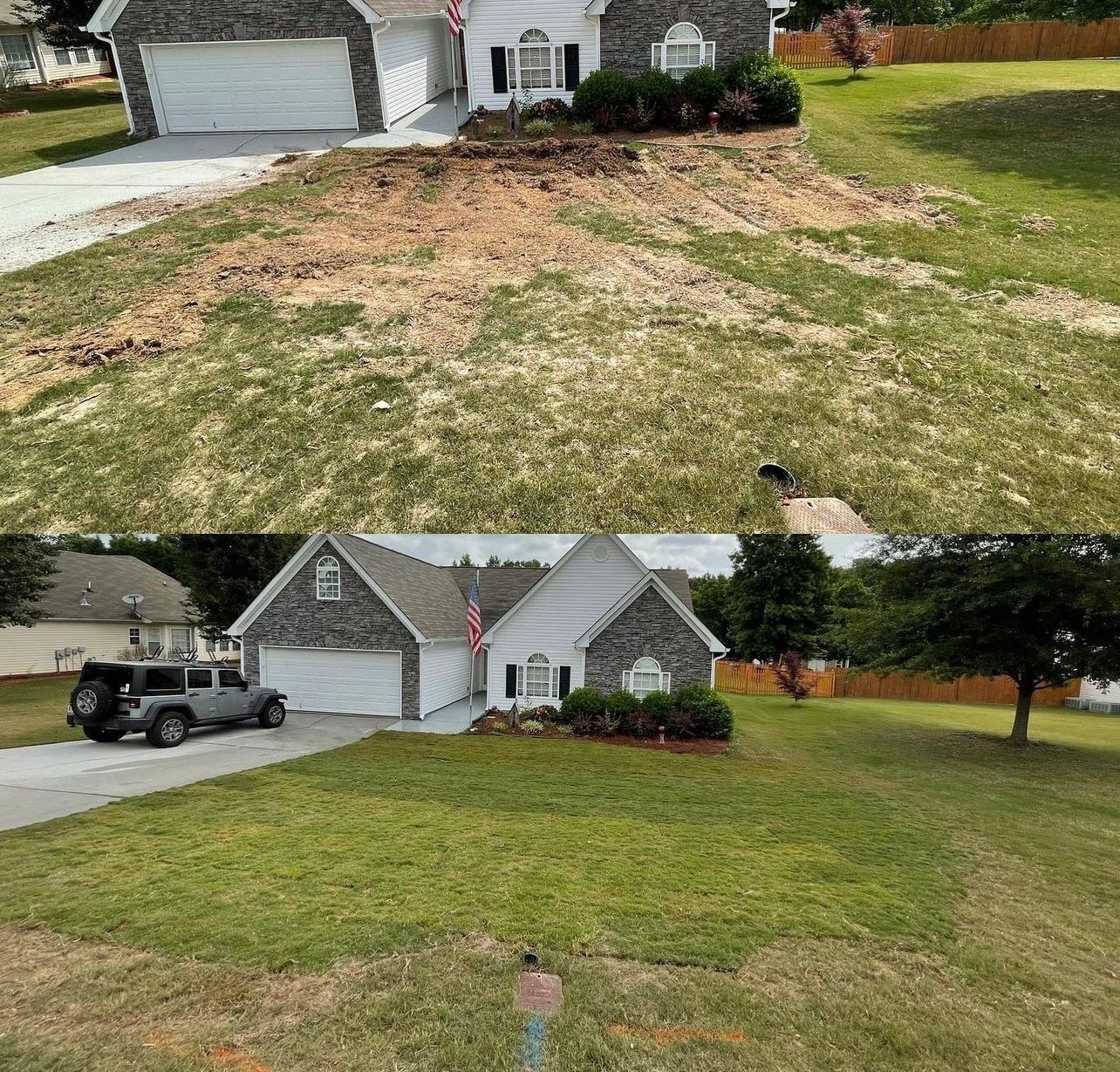 Before and after photos of a house with a front yard. The first shows bare dirt and patchy grass, the second shows lush green grass.