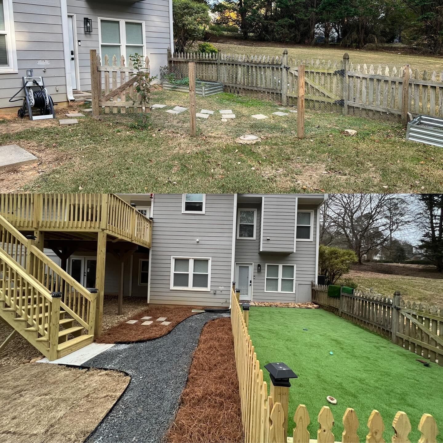 Before and after view of a backyard: overgrown to a deck, walkway, green lawn, and fence.